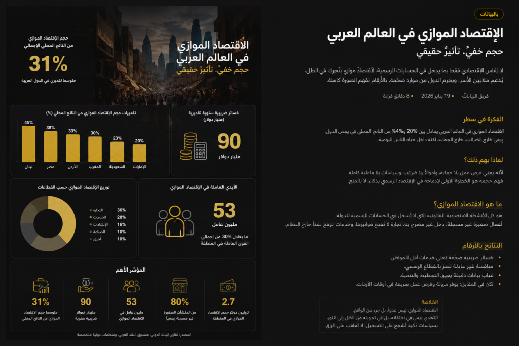 إنفوجرافيك داكن يوضح أرقام الاقتصاد الموازي في العالم العربي، مع مؤشرات عن العمالة غير الرسمية والضرائب والقطاعات الأكثر تأثرًا.