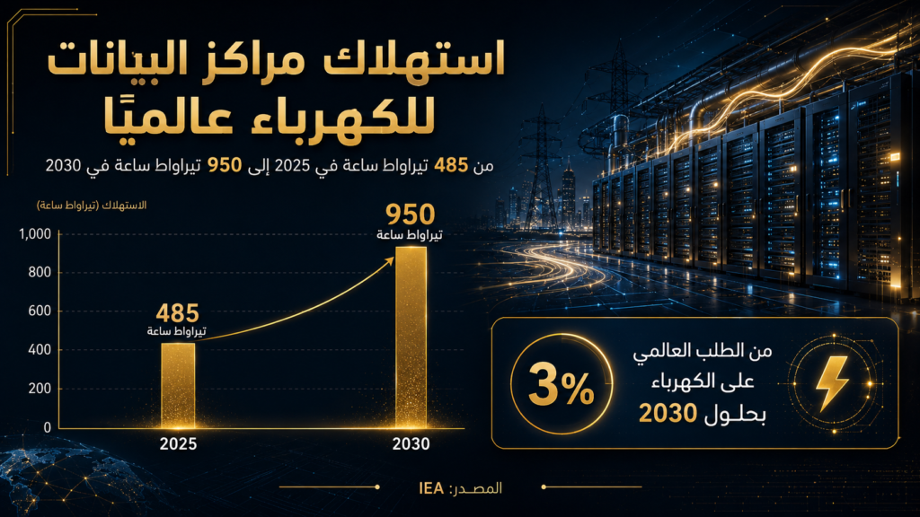إنفوجرافيك عربي يوضح ارتفاع استهلاك مراكز البيانات للكهرباء عالميًا من 485 تيراواط ساعة في 2025 إلى 950 تيراواط ساعة في 2030، مع مشهد لمركز بيانات وشبكات كهرباء رقمية.