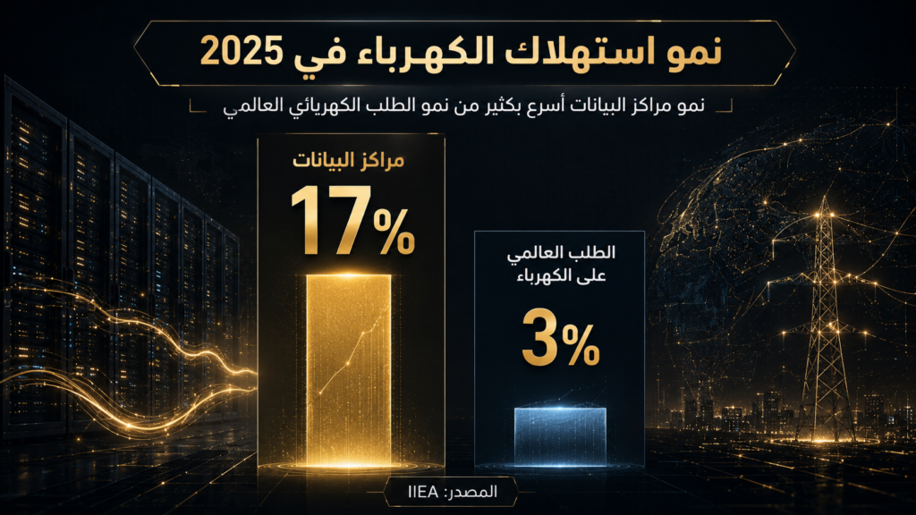 تصميم بيانات عربي يقارن بين نمو استهلاك الكهرباء في مراكز البيانات بنسبة 17% ونمو الطلب العالمي على الكهرباء بنسبة 3% خلال عام 2025، مع خلفية لمركز بيانات وشبكة كهربائية.