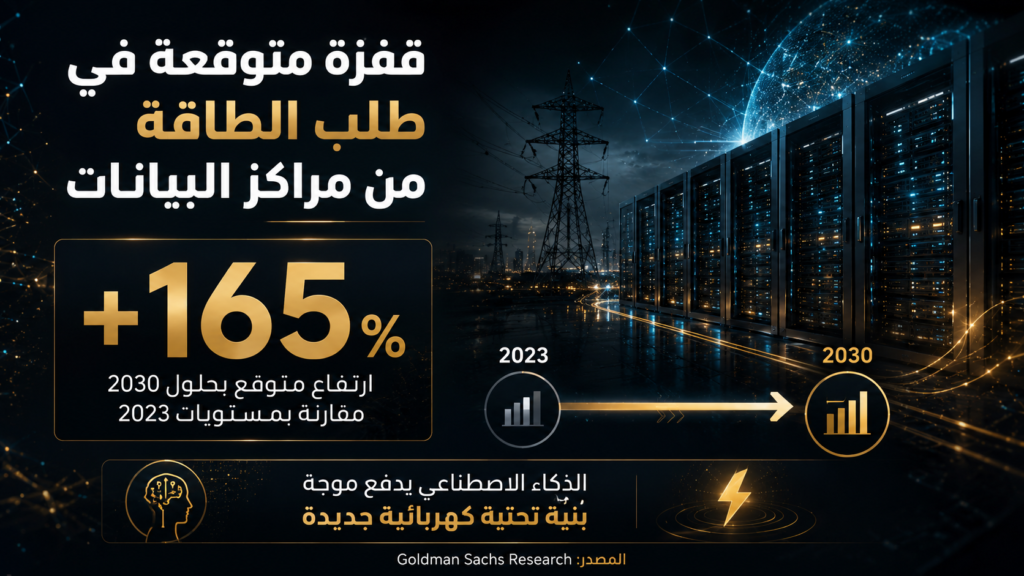 إنفوجرافيك عربي يوضح توقع ارتفاع الطلب على الطاقة من مراكز البيانات بنسبة 165% بحلول عام 2030 مقارنة بعام 2023، مع صورة لمركز بيانات وأبراج كهرباء وشبكات رقمية.